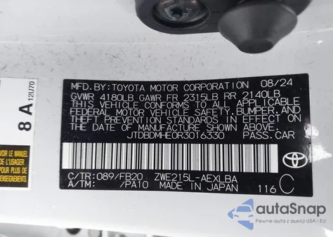 2024 Toyota Corolla Hybrid Le из США, поврежденный, VIN JTDBDMHE0R3016330